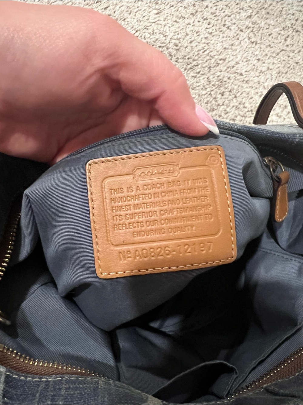 Vintage Coach Denim Carly Logo-Print Shoulder Bag in Navy and Tan - Picture 7 of 11